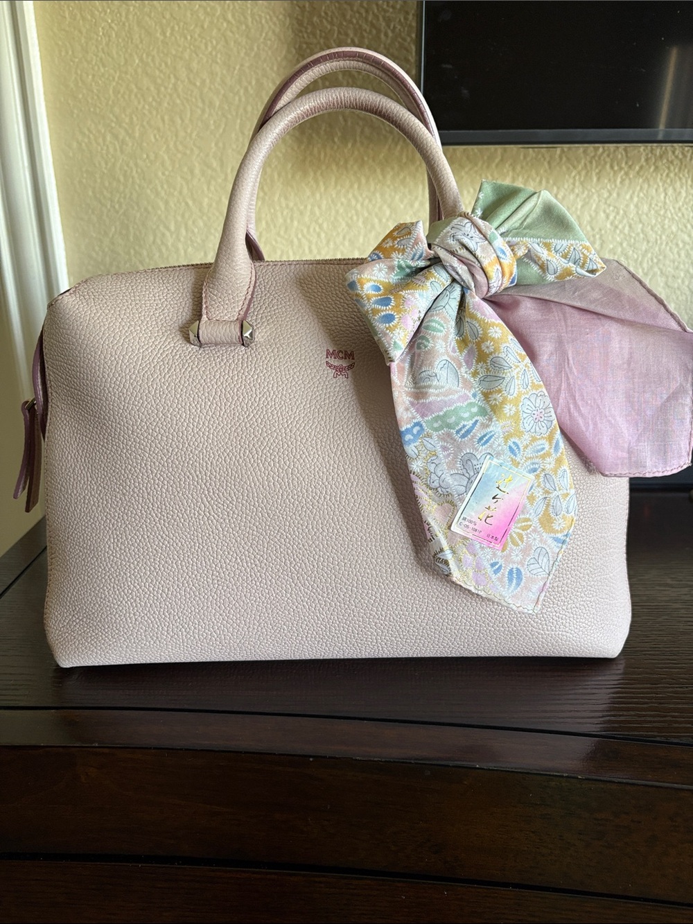 MCM Pebbled Leather Boston Satchel – Soft Blush Pink | Authentic